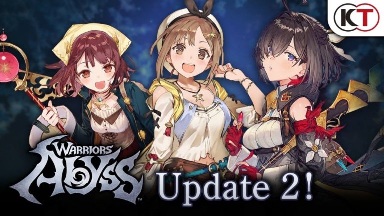 Youtube thumbnail for free DLC Update 2 of Warriors Abyss. It includes Atelier Sophie, Ryza, and Yumia standing side by side.