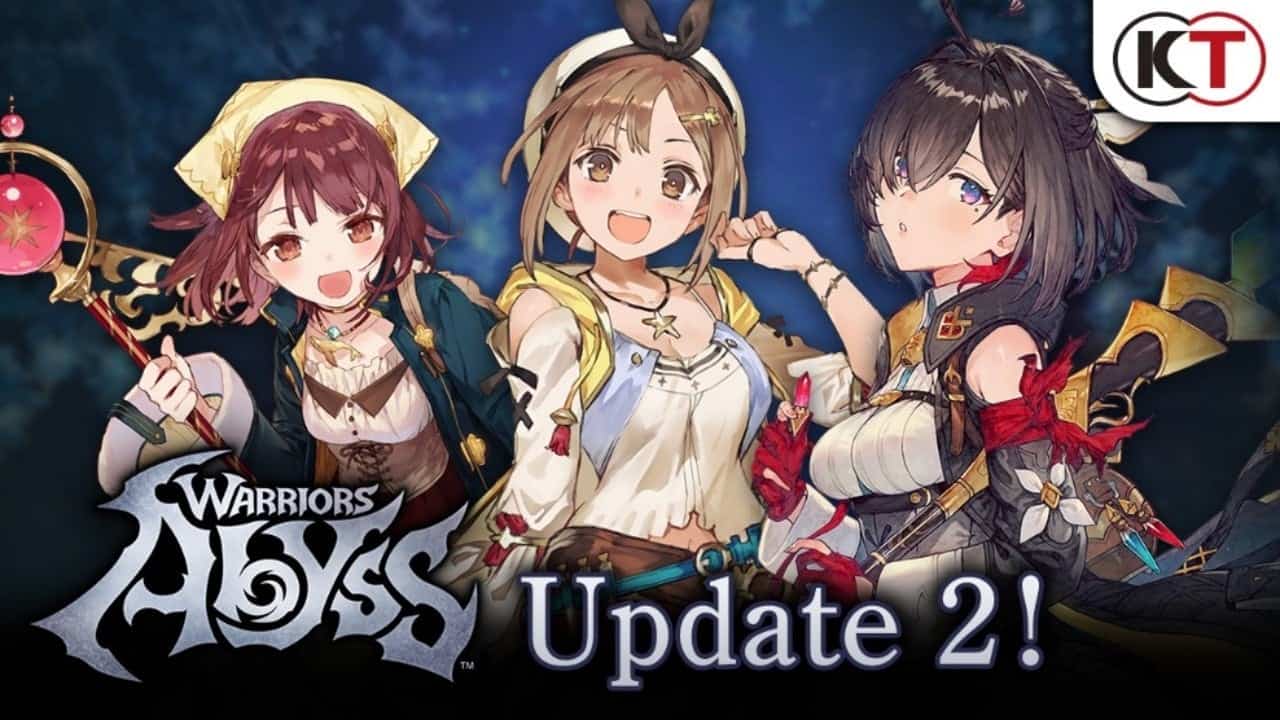 1280x720 WA Atelier | The Outerhaven Youtube thumbnail for free DLC Update 2 of Warriors Abyss. It includes Atelier Sophie, Ryza, and Yumia standing side by side.