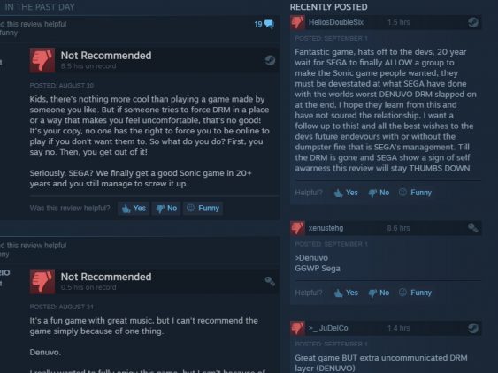 sonic-mania-denuvo-steam-bad-reviews | The Outerhaven Negative Sonic Mania Steam reviews