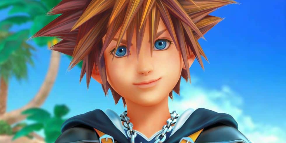 sora-kingdom-hearts-3 | The Outerhaven Sora pointing at the Kingdom Hearts 3 logo
