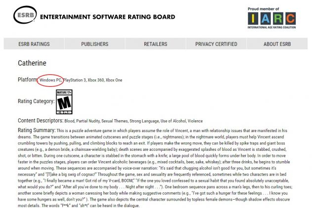 catherine PC ESRB rating | The Outerhaven catherine PC ESRB rating
