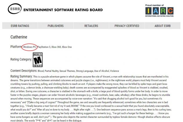 catherine PC ESRB rating