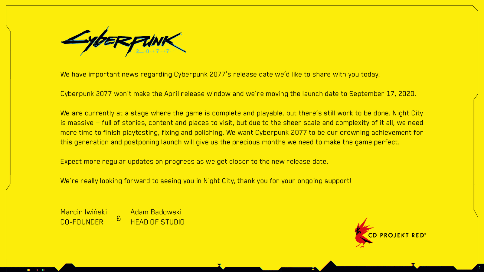 Cyberpunk 2077 delayed