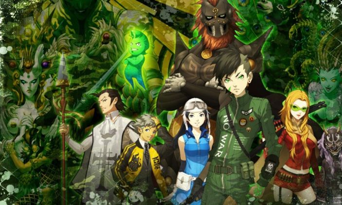 Image is the cast of Shin Megami Tensei IV Apocalypse surrounded by various demons