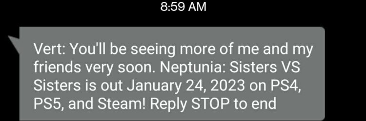 Message for Hyperdimension Neptunia: Sisters vs Sisters. | The Outerhaven Text message Vert Idea Factory International