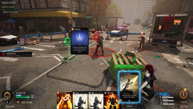 Marvels Midnight Suns - Combat | The Outerhaven Choosing the Hunter's Holy Flame card can either heal Hunter or damage enemies.