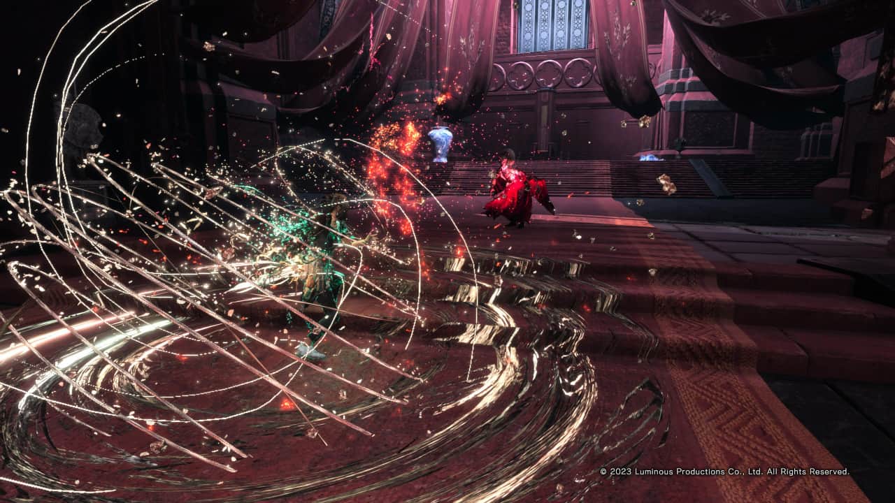 Forspoken - Spells | The Outerhaven Fray parrying Silas as they battle.
