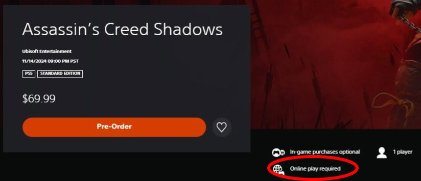 Assassin's Creed Shadows PSN Listing
