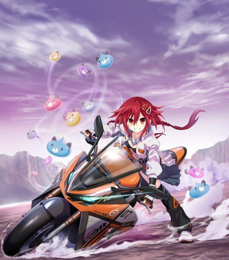 Red haired girl on a motorcycle. Neptunia Riders Uzume