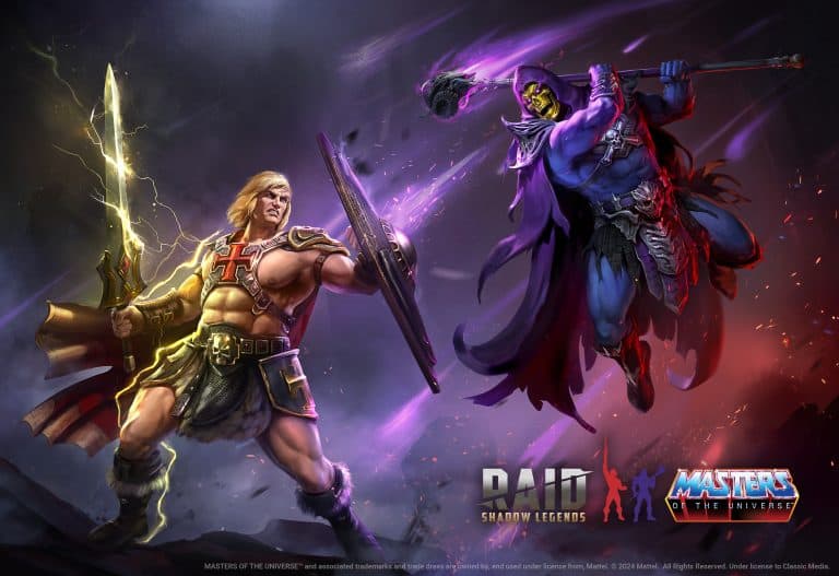 He-man and Skeletor in combat with the RAID Shadow Legends logo in the foreground