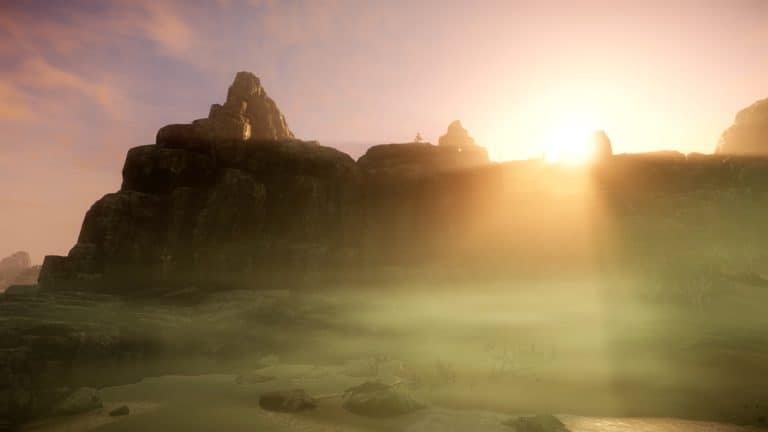 Sun setting on the land of Aeternum in New World