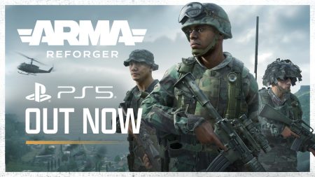 Graphic with military soldiers and the text Arma Reforger PS5 Out NOW