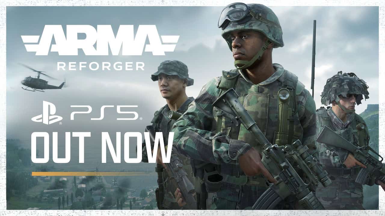 Graphic with military soldiers and the text Arma Reforger PS5 Out NOW