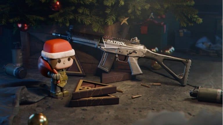 Little figurine next to a gun wearing a santa hat for Delta Force holiday season