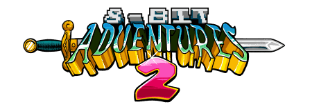 White background with text that says 8-bit adventures 2 on a medieval sword