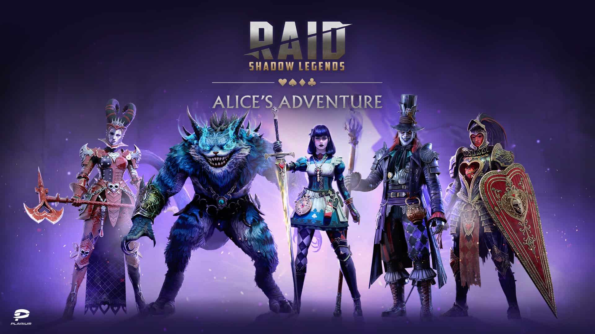 Alice's Adventure in RAID: Shadow Legends | The Outerhaven Promotional image for Alice's Adventure RAID: Shadow Legends. Alice, The Hatter, Cheshire Cat, Knave of Hearts, and Queen of Hearts in the front of the text RAID: Shadow Legends.