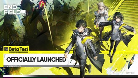 Yellow background with characters from Arknights Endfield with the text "Beta Test Officially Launched"