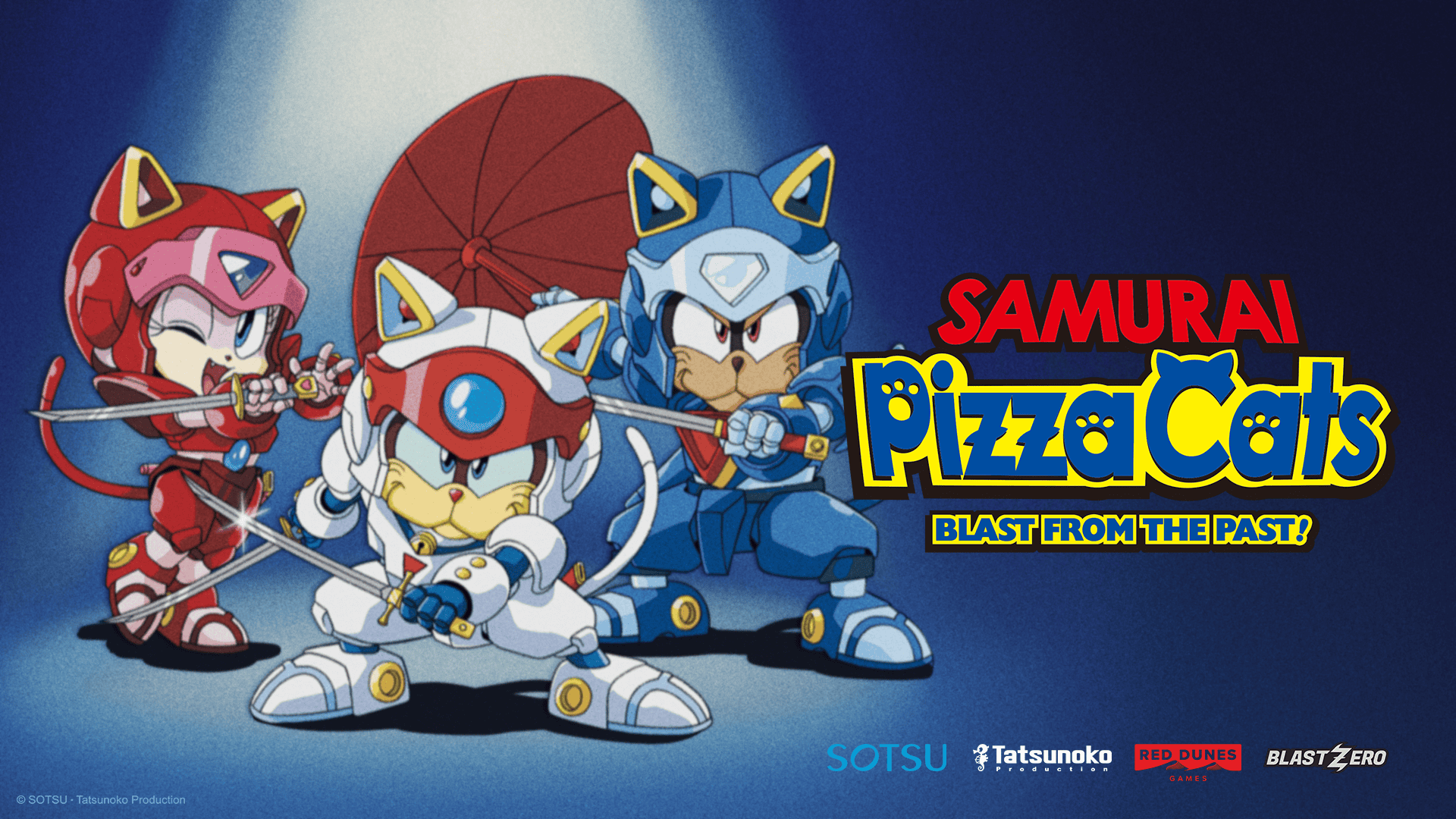 Key art for the Samurai Pizza Cats game Blast From The Past