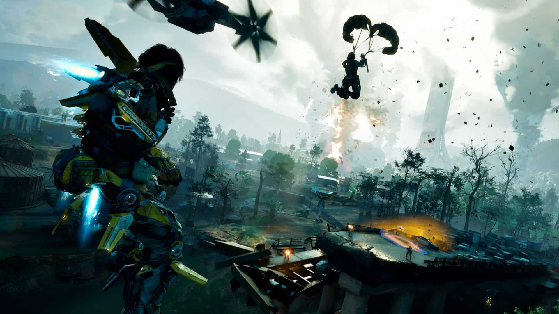 Exoborne screenshot. Shows a person using a parachute.