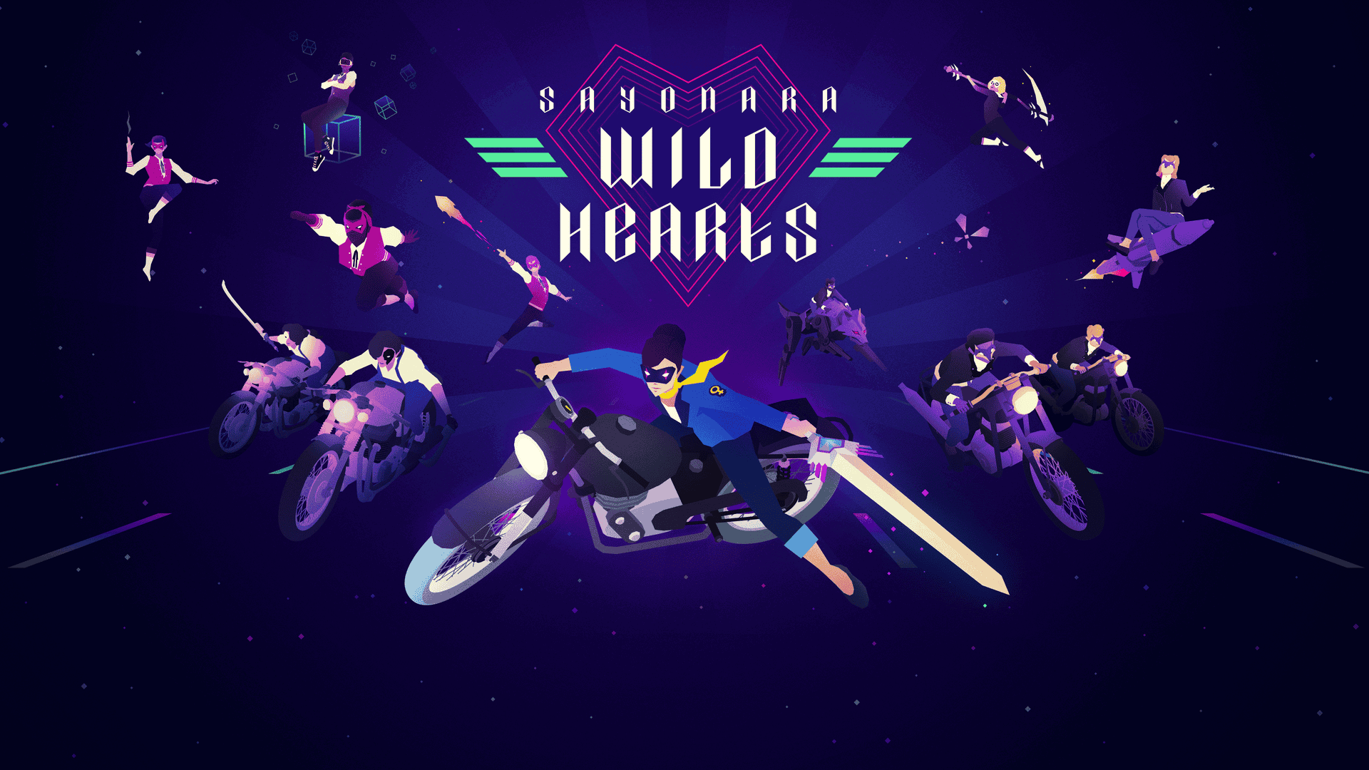 SAYONARA WILD HEARTS PS5 Remix Released black haired individual with a mask on riding a motorcycle and wielding a sword with the text above them reading SAYONARA WILD HEARTS