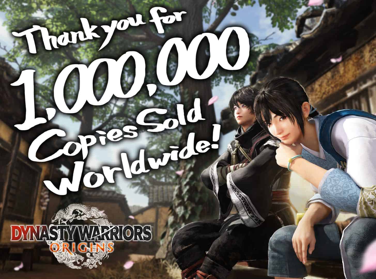 The Wanderer from Dynasty Warriors: Origins sitting down on a bench with the words "Thank you for 1,000,000 copies sold Worldwide"