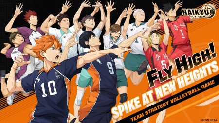 Art of the characters of HAIKYU!! FLY HIGH jumping at the volleyball net.