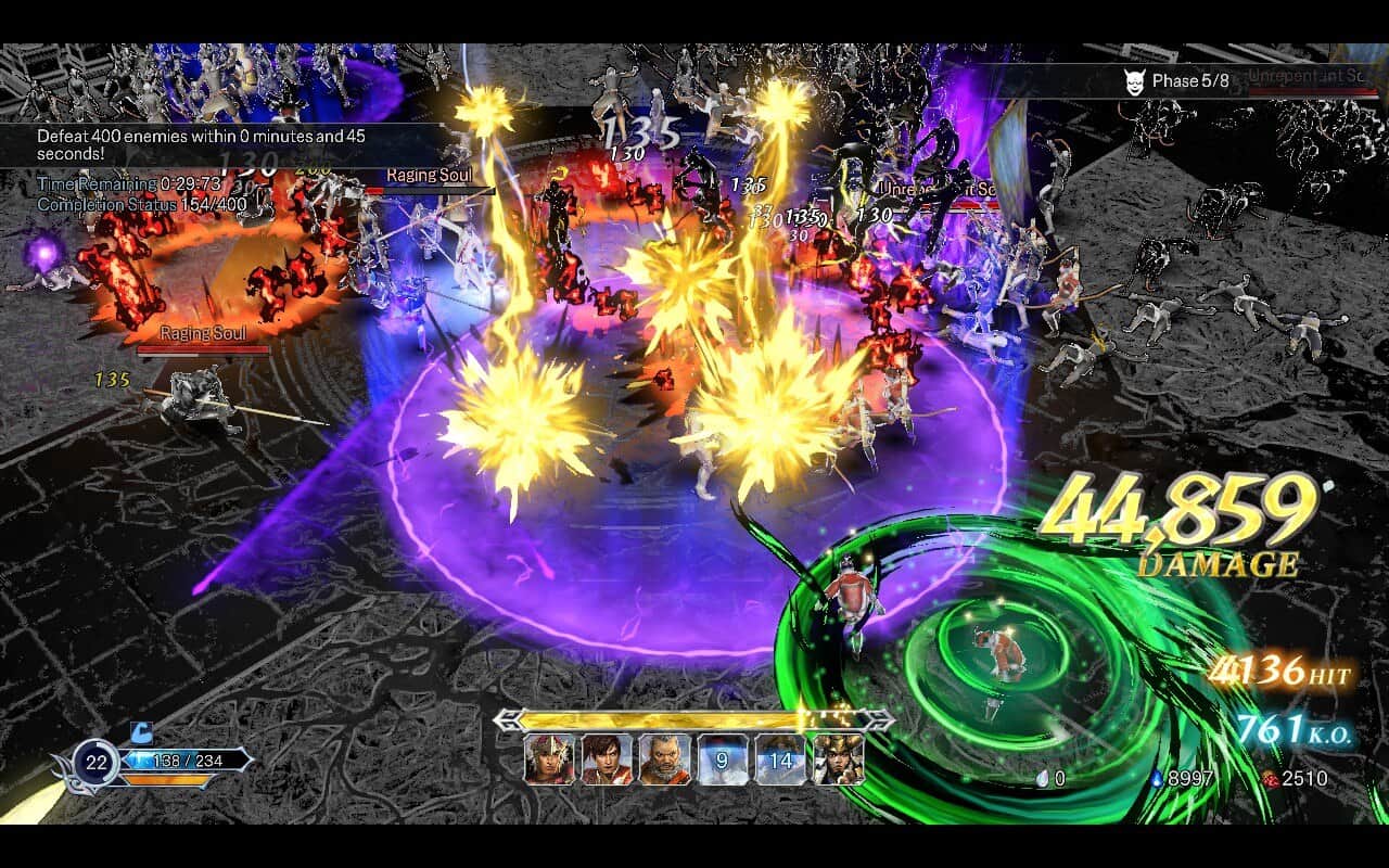 A screenshot with a ton of different effects during combat in Warriors Abyss