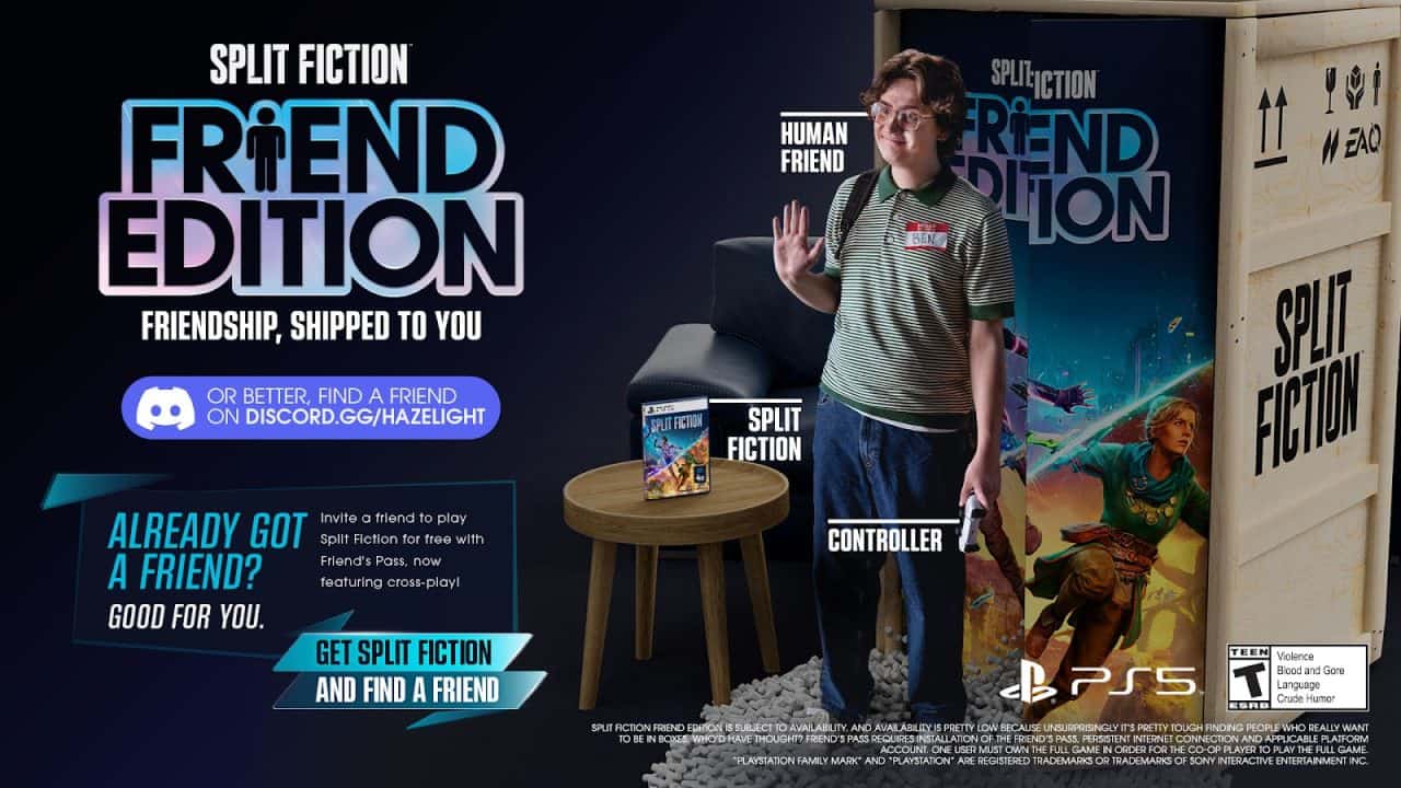 Split Fiction Key art presenting the friend edition of the game. It include a controller and a friend to play with