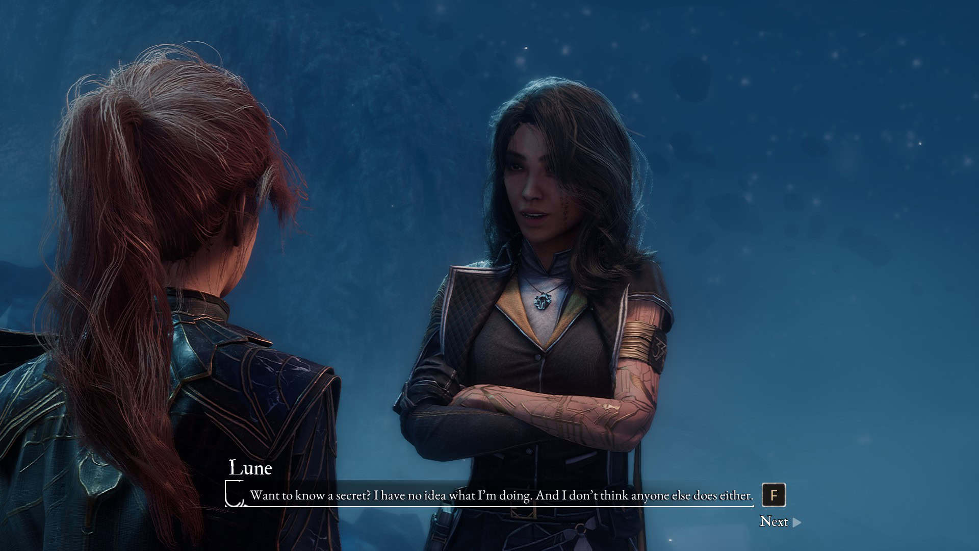Maelle Lune Clair Obscur Expedition 33 | The Outerhaven Maelle and Lune talking with each other in Clair Obscur Expedition 33 Text reads "Want to know a secret? I Have no idea what I'm doing. And I don't think anyone else does neither."