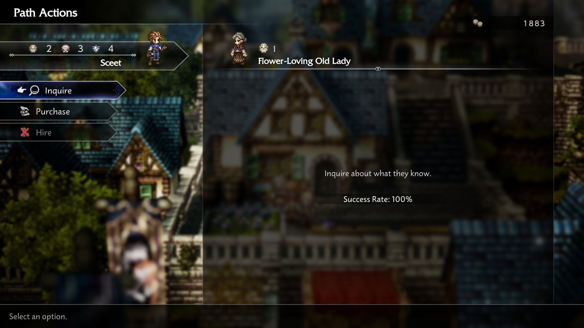 Screenshot of the options in the inquire menu from Octopath Traveler 0