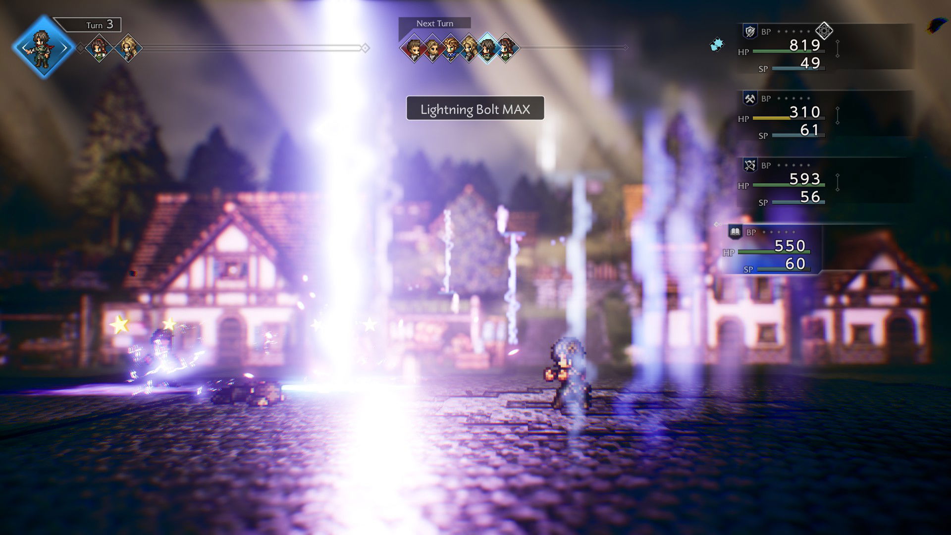 Alexia using Lightning Bolt at max level in Octopath Traveler 0