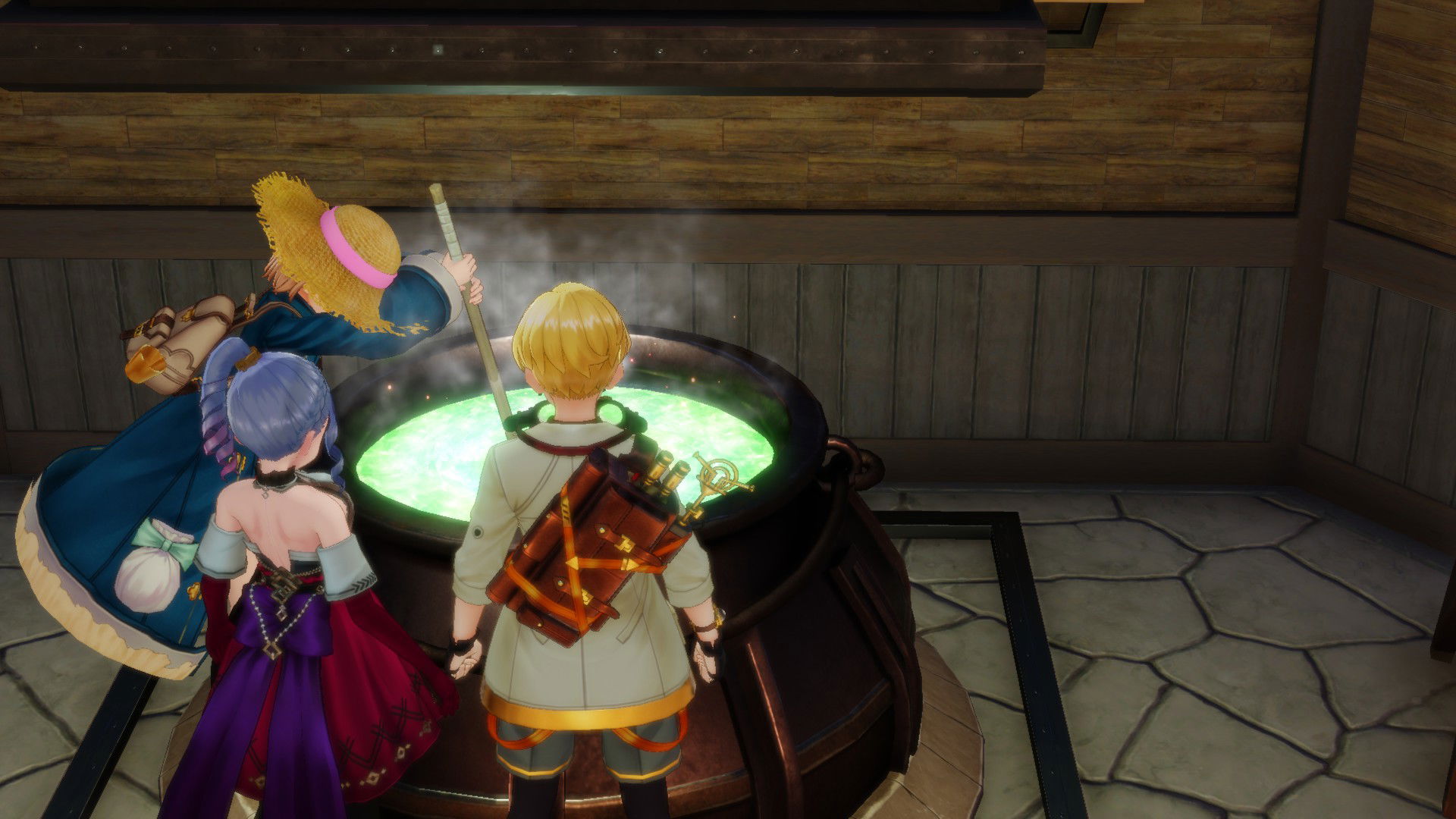 Ryza stirring a cauldron in her Atelier joined by Tao and Patricia in Atelier Ryza 2: Lost Legends & The Secret Fairy