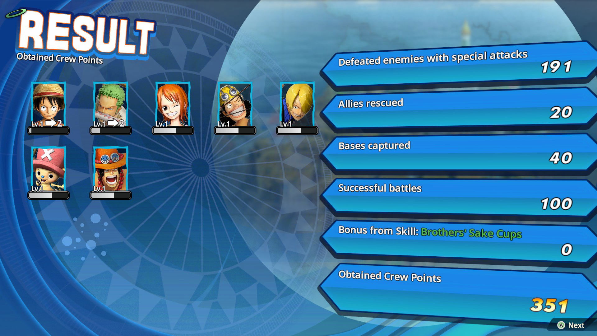 End Results screen with crew levels in One Piece Pirate Warriors 4 Legendary Edition