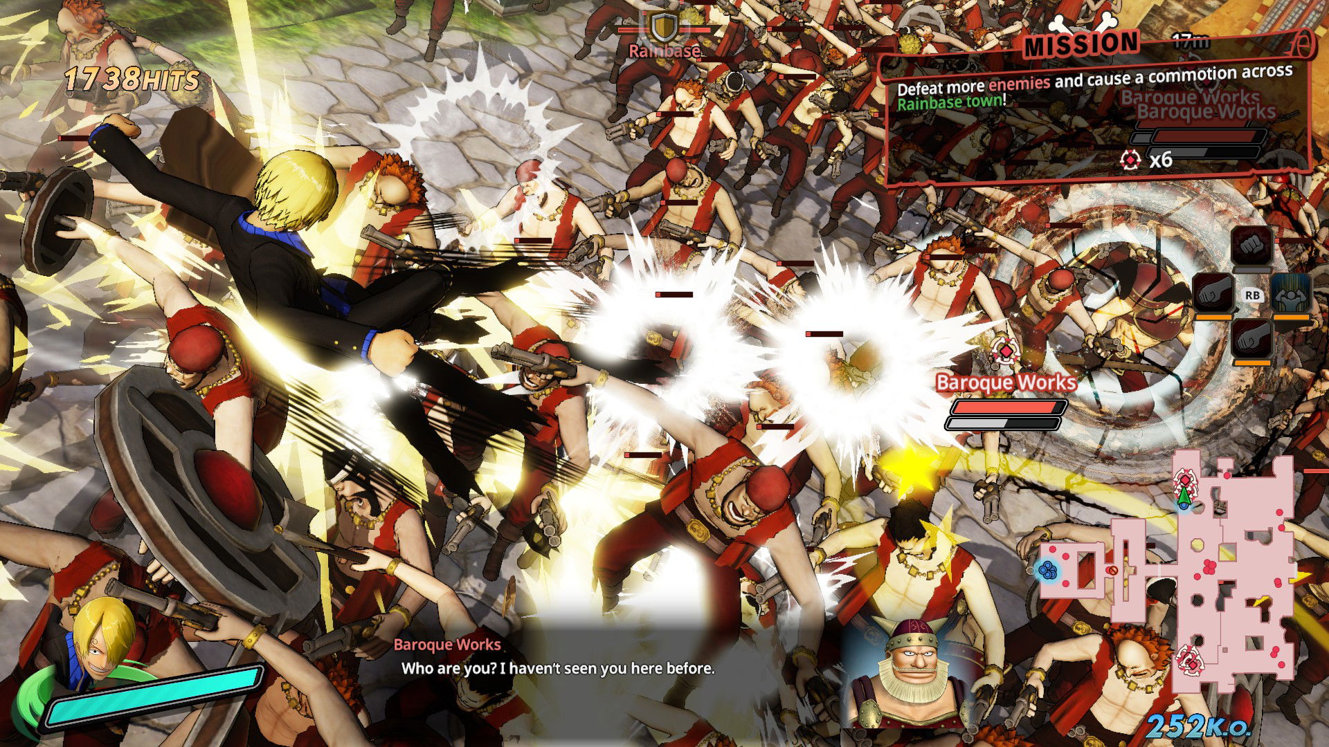 Combat screenshot of Sanji kicking enemies in One Piece Pirate Warriors 4