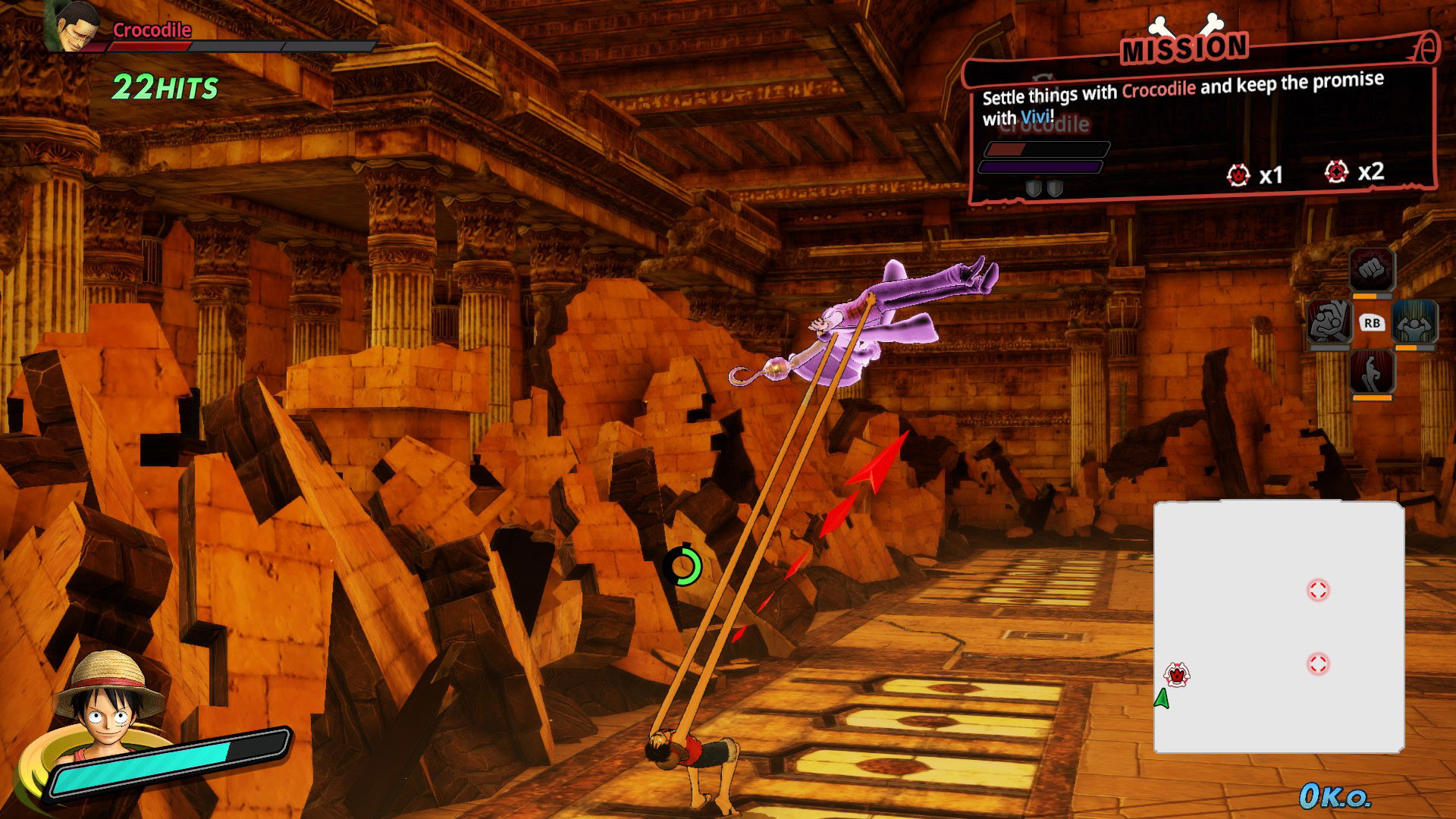 Boss fight screenshot of Luffy fighting Crocodile in One PIece Pirate Warriors 4