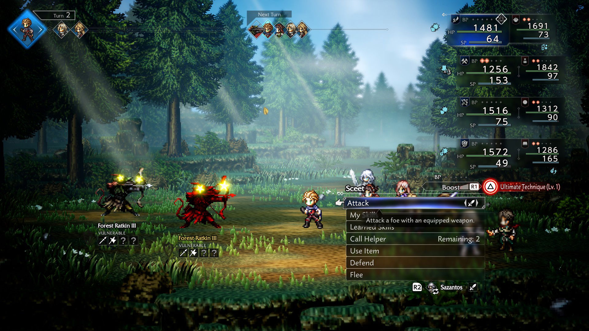 Screenshot of the main battle screen in Octopath Traveler 0