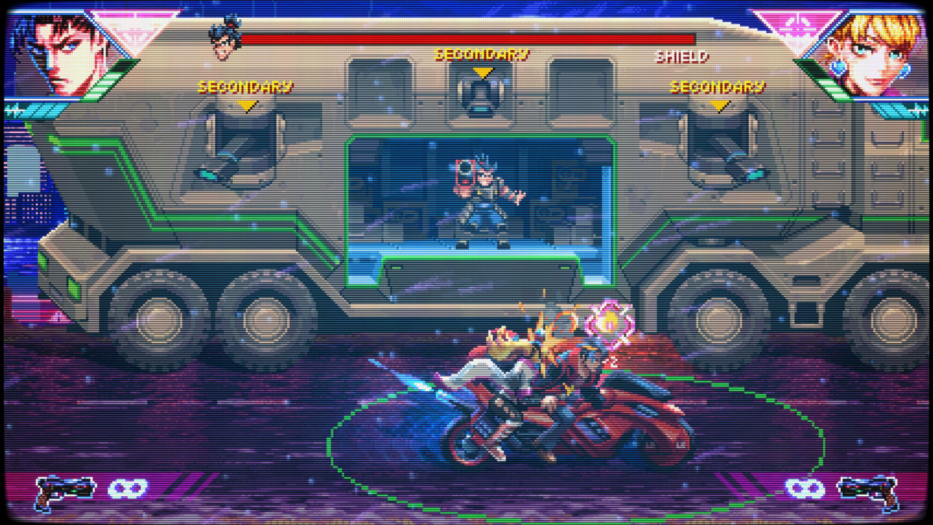 Screenshot with Angelo and Mariana riding a bike in gameplay from Neon Inferno