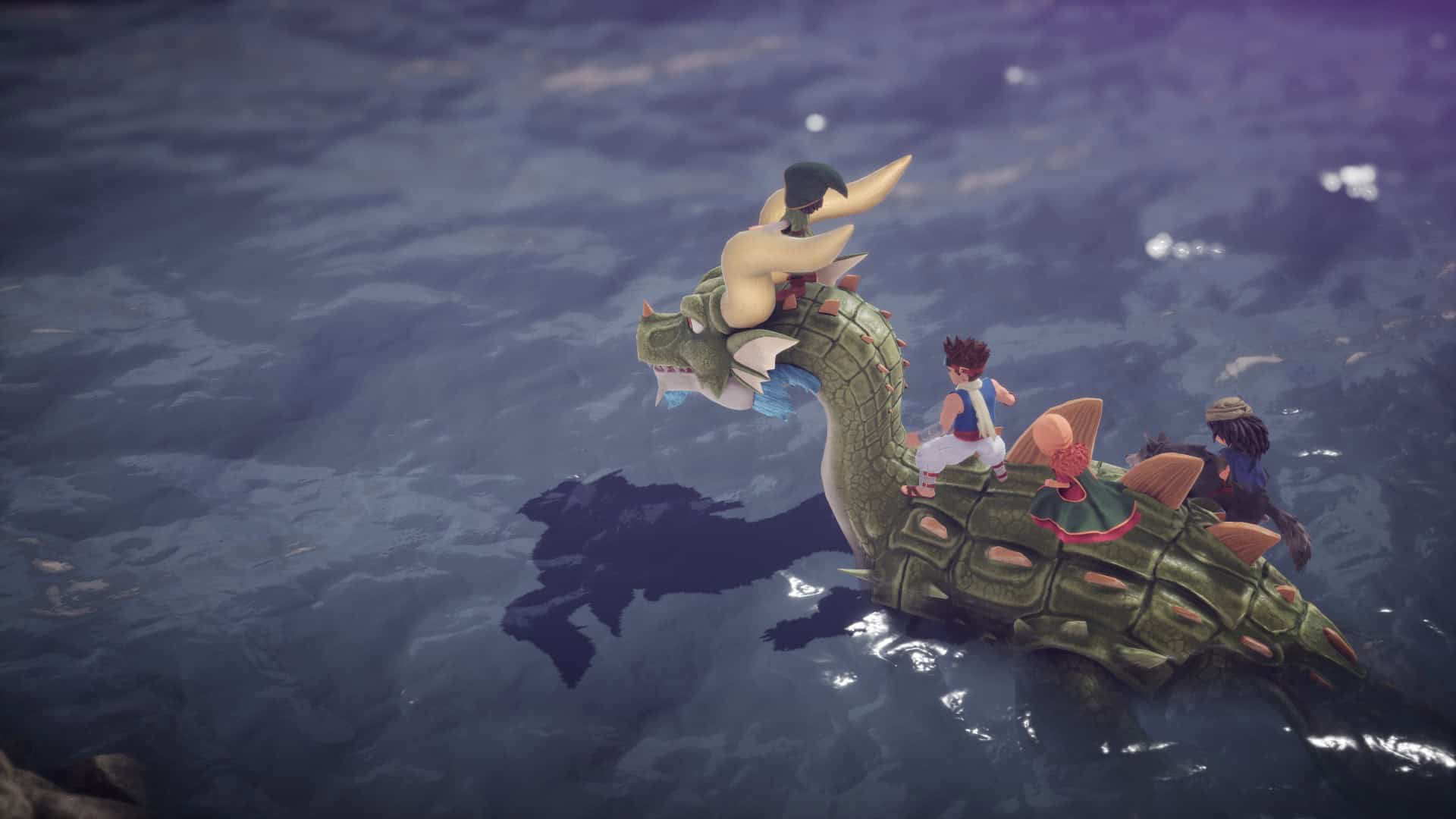 The playable cast of Dragon Quest VII Reimagined riding the Great Serpent