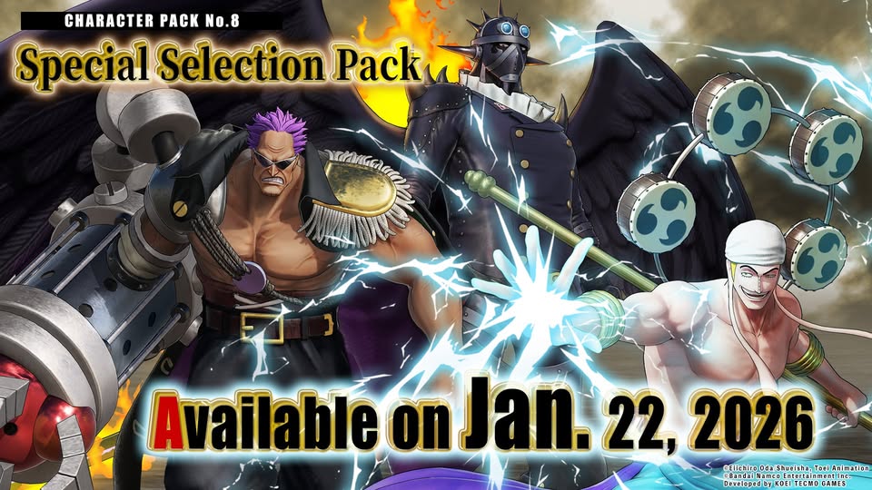 Key art image with Eneru, King, and Z for Special Selection Pack DLC of One Piece Pirate Warriors 4