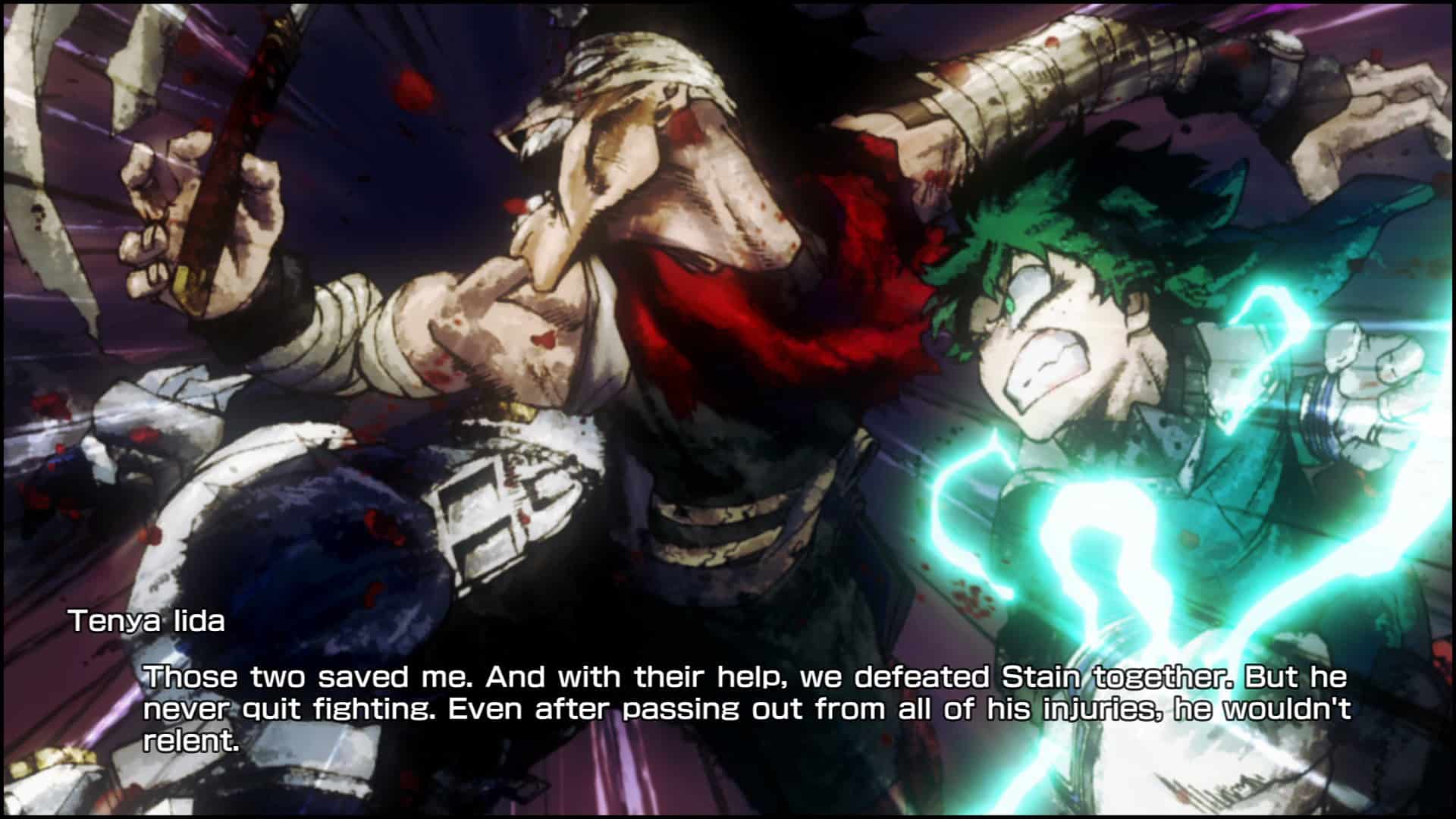 Screenshot of Archives Mode with Stain fighting Deku and Iida