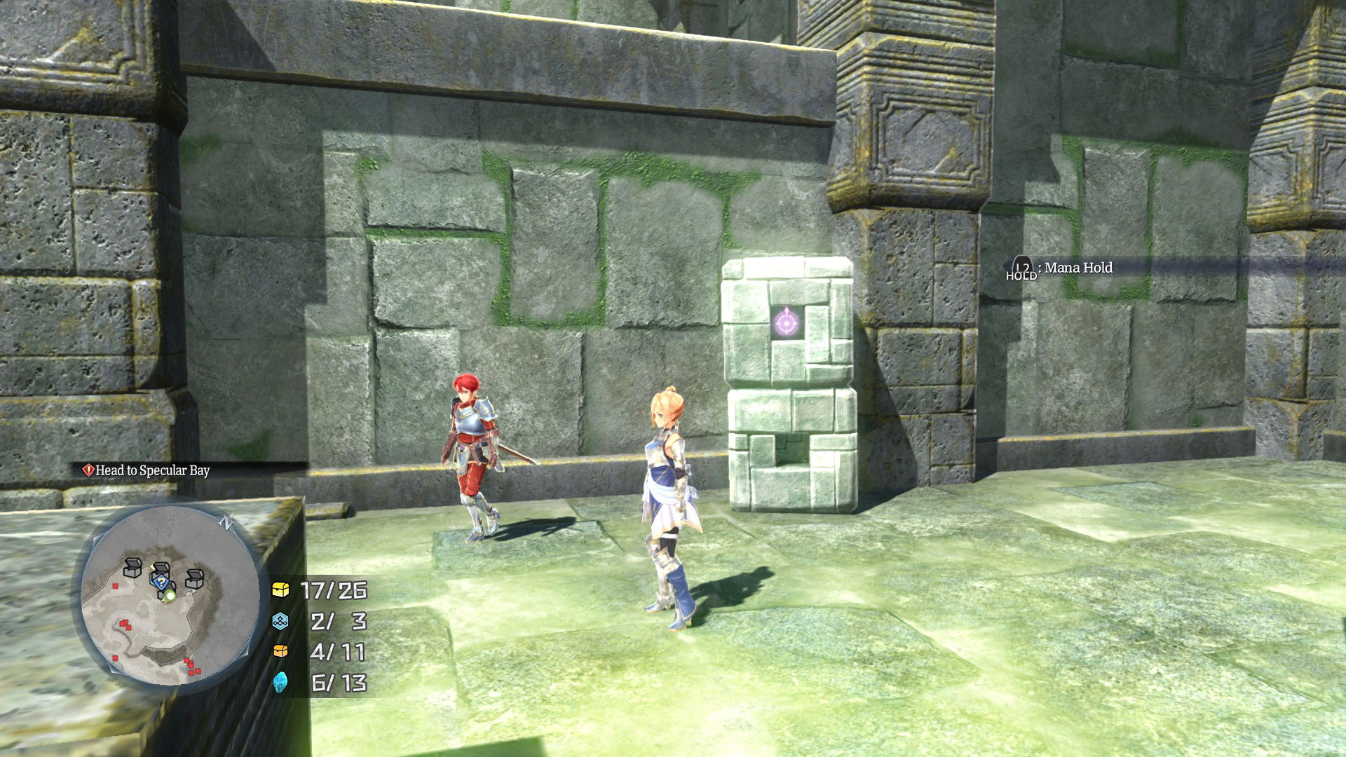 Ys X proud nordics cubes | The Outerhaven Karja and Adol next to mana hold cubes in Ys X: Proud Nordics