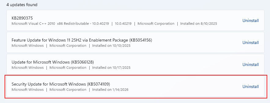 Windows update - remove update KB5074109-03