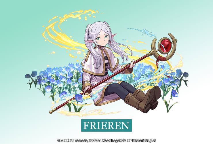 Elf-like young mage with a long staff, sitting among blue flowers against a teal gradient background; 'FRIeren' branding visible.