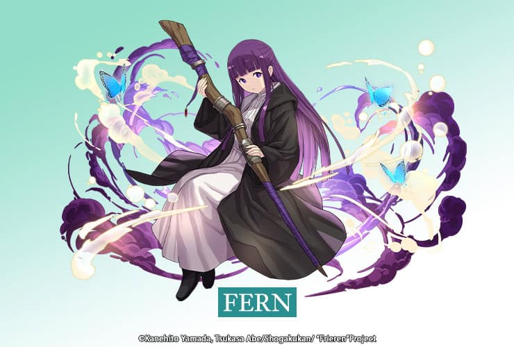 Fern, a purple-haired girl in a dark cloak, sitting on a magical staff surrounded by swirling energy and blue butterflies.
