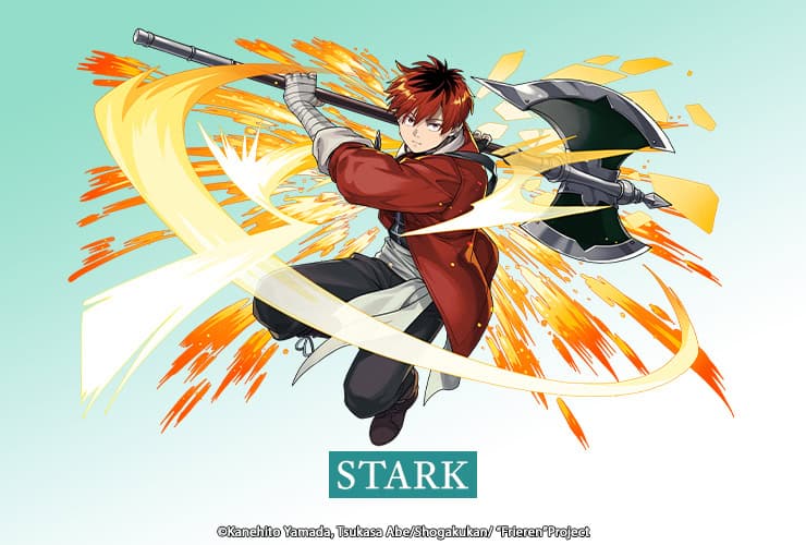 Dynamic anime-style image of a red-haired warrior in a red coat swinging a large double-edged axe with fiery energy trails; STARK logo below.