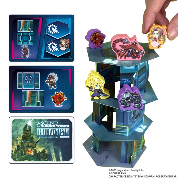 FF7_Ascend_Shinra-Tower_game-cards_r | The Outerhaven Modular tabletop game components: fold-out boards with dungeon layouts, character and enemy standees, and a tall stackable tower; a hand places a character token on top.