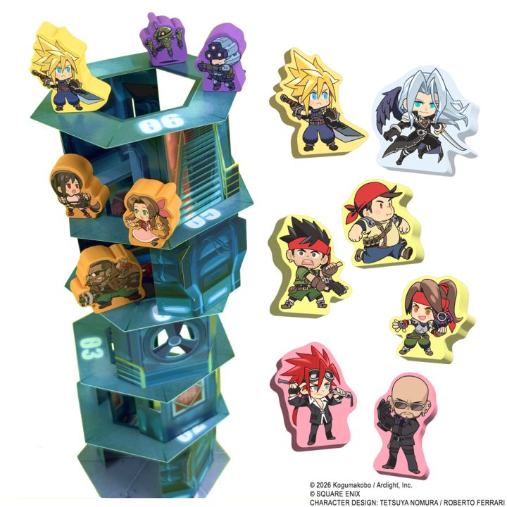 FF7_Ascend_Shinra-Tower_game-pieces_r | The Outerhaven Stack of teal modular blocks with the number 06 visible, surrounded by colorful chibi character stickers on top and sides of the structure.