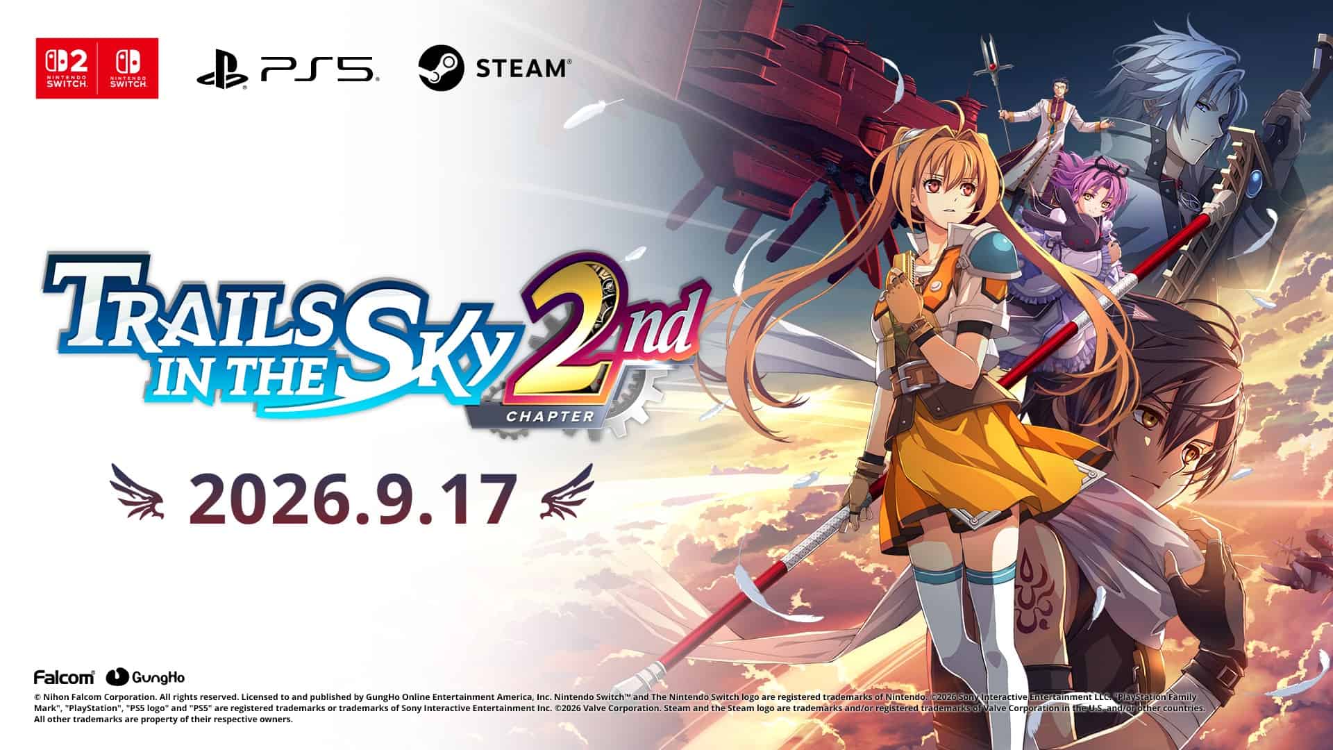 Twilight_ReleaseDay_PR_Banner | The Outerhaven Key art for Trails in the Sky 2nd Chapter. It has the release date at 9 17 2025 on the picture