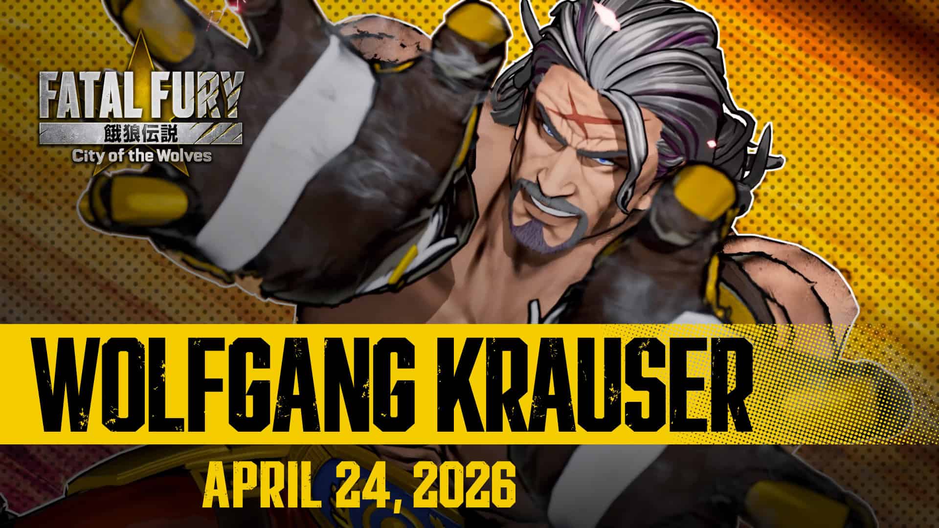 cover_krauser_eng | The Outerhaven Promotional banner for Fatal Fury: City of the Wolves featuring Wolfgang Krauser charging forward with bold 'WOLFGANG KRAUSER' text and release date April 24, 2026.