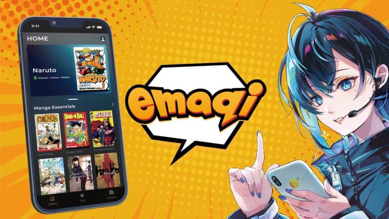 emaqi | The Outerhaven Smartphone screen showing a manga app library with Naruto covers, set against a bright orange comic-book background and an anime-style character on the right.